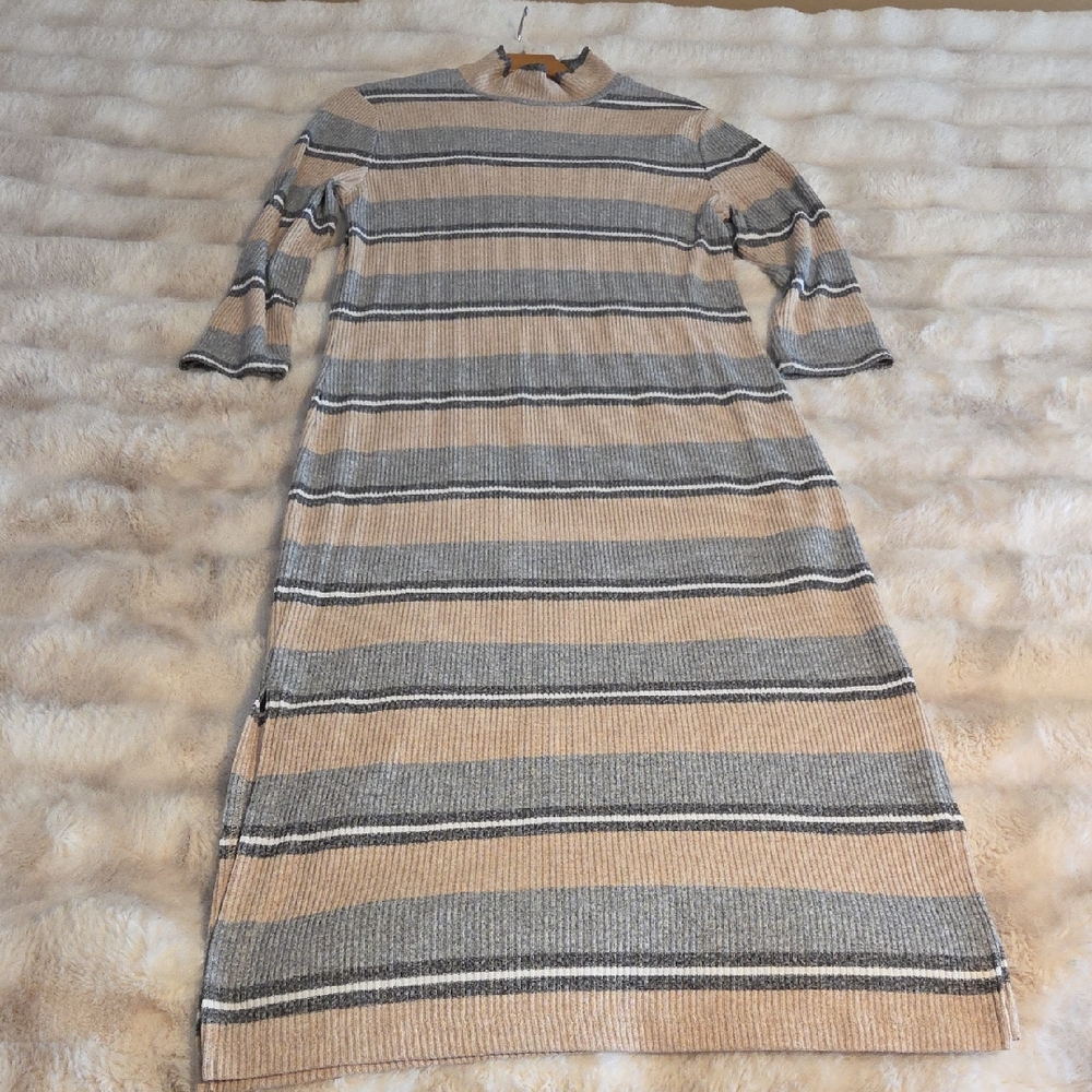 Banana Republic Beige and Gray Striped Long Sleeve Dress